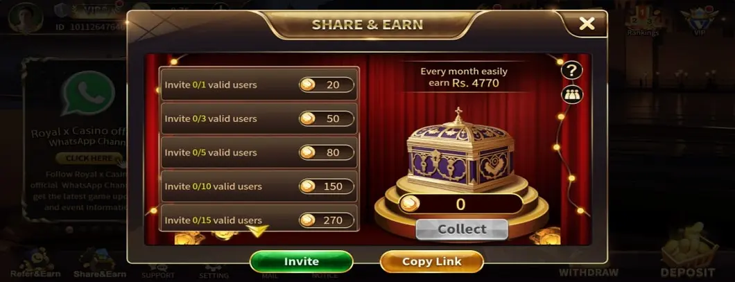 Royal X Casino Extra Bonus popup showing in-game tasks