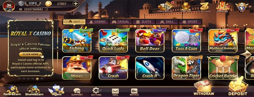 Royal X Casino Lobby screen showing available card and prediction games